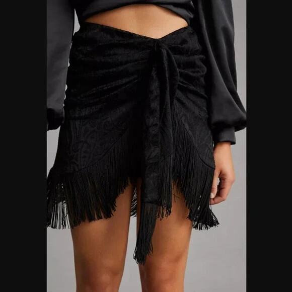 New Anthropologie Skirt 4 Black Brocade Fringe Tie Front Mini Tassel - Picture 5 of 8
